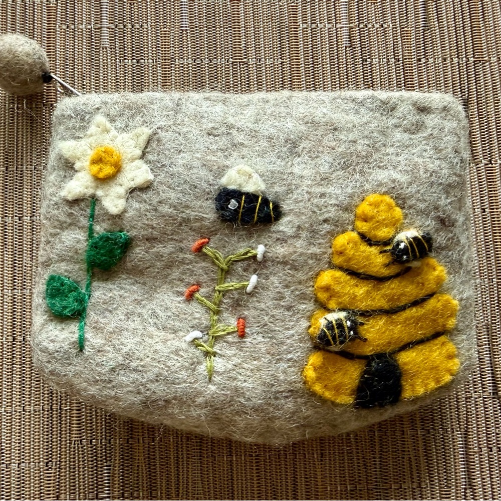 Felted Wool Bee and Flower Lined Zip Pouch